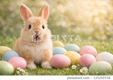 Surprised Easter bunny sitting on green grass with painted eggs, spring holiday concept, pet animal. 135293556