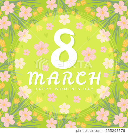International Womens Day greeting card with 8 March typography and pink spring flowers on green background. 135293576
