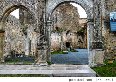 Medieval hilltop castle-fortress Castelo de Palmela in Portugal. Large walls with watchtowers. National Monument in Portugal. Medieval hilltop castle-fortress Castelo de Palmela in Portugal. Large walls with watchtowers. National Monument in Portugal. 135293601