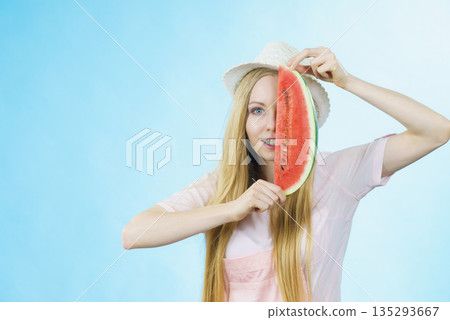 woman holding watermelon fruit woman holding watermelon fruit 135293667