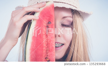 woman holding watermelon fruit woman holding watermelon fruit 135293668