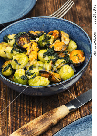 Healthy Brussels Sprouts and Mussels Dish 135293955
