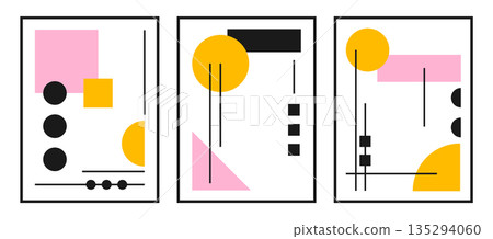 Set of retro bauhaus background poster with geometric shape and line set. abstract pattern, design line art, trendy style. illustration with circle, square, triangle. design for cards, invitation Set of retro bauhaus background poster with geometric shape and line set. abstract pattern, design line art, trendy style. illustration with circle, square, triangle. design for cards, invitation 135294060