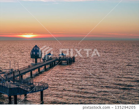 Drone flight along the Groemitz pier leading into the Baltic Sea Drone flight along the Groemitz pier leading into the Baltic Sea 135294205