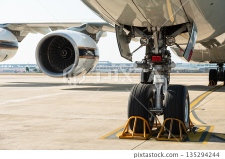 Front view of turbofan engine and nose landing gear 135294244