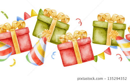 seamless watercolor multi colored border with red, green, yellow random placed gift box and garland. perfect for Birthday party decor, wrapping, nursery wallpaper or fabric. Hand drawn painting 135294352