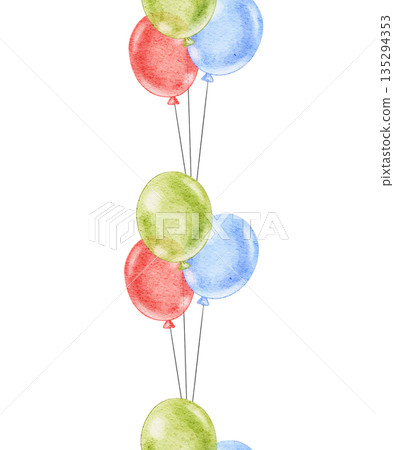 Baby border with round Balloons in bright green, red and blue colors. Seamless Pattern for Nursery wall art or childish greeting cards and holiday invitations. Ornament for kids wallpaper Baby border with round Balloons in bright green, red and blue colors. Seamless Pattern for Nursery wall art or childish greeting cards and holiday invitations. Ornament for kids wallpaper 135294353