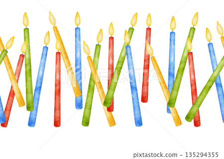 Watercolor seamless multi colored red, blue, yellow and green border with chaotically directed row of burning candles. For Birthday decor, party event Watercolor seamless multi colored red, blue, yellow and green border with chaotically directed row of burning candles. For Birthday decor, party event 135294355