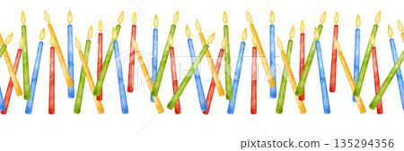 Watercolor seamless multi colored red, blue, yellow and green border with chaotically directed row of burning candles. For Birthday decor, party event Watercolor seamless multi colored red, blue, yellow and green border with chaotically directed row of burning candles. For Birthday decor, party event 135294356