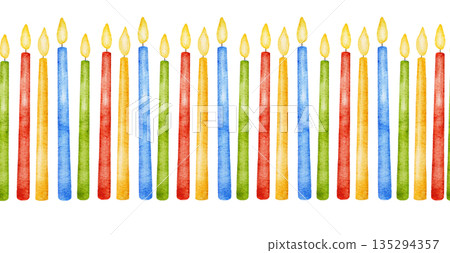 Watercolor seamless multi colored red, blue, yellow and green border with straight row of burning candles. For Birthday decor, party event Watercolor seamless multi colored red, blue, yellow and green border with straight row of burning candles. For Birthday decor, party event 135294357