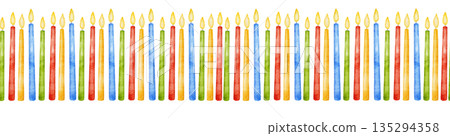 Watercolor seamless multi colored red, blue, yellow and green border with straight row of burning candles. For Birthday decor, party event Watercolor seamless multi colored red, blue, yellow and green border with straight row of burning candles. For Birthday decor, party event 135294358