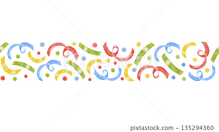 Confetti seamless watercolor multi colored border with red, green, yellow and blue random dots and ribbons. perfect for Birthday party decor, wrapping, nursery wallpaper or fabric. Hand drawn painting 135294360