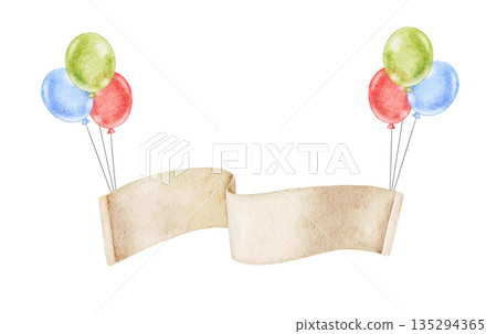 Composition of Paper banner with colorful green, blue and red balloons, watercolor illustration for name or text isolated on white. For event invitation, baby shower, birthday decor 135294365