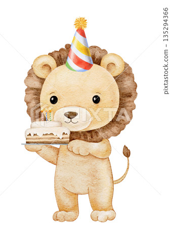 Watercolor cute celebrating lion in a party hat holding a plate with Birthday cake with burning candles. 135294366