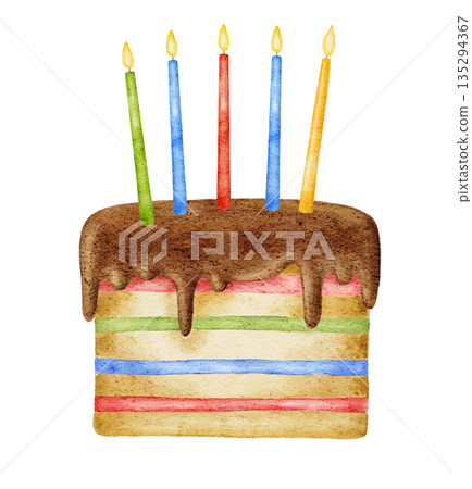 Watercolor rainbow cake with chocolate topping and colorful red, green, blue and yellow burning candles, isolated on white Birthday illustration, party event 135294367