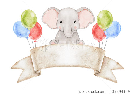 Watercolor illustration of cute baby Elephant with colorful red, blue and green balloons and paper banner, place for text or name. For Birthday decor, baby shower, greeting cards Watercolor illustration of cute baby Elephant with colorful red, blue and green balloons and paper banner, place for text or name. For Birthday decor, baby shower, greeting cards 135294369