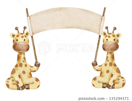 Composition with two watercolor giraffes holding an empty paper plate, banner with space for text or name. For baby shower, invitations, greeting cards, stickers, welcome design 135294371