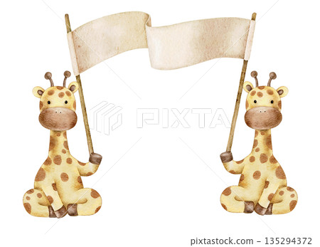 Composition with two watercolor giraffes holding an empty paper plate, banner with space for text or name. For baby shower, invitations, greeting cards, stickers, welcome design 135294372