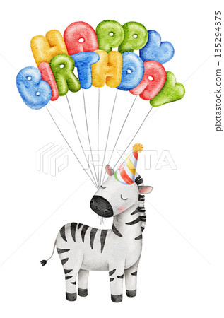 Watercolor cute zebra in party hat, celebrating animals, holding colorful bright balloons, inflated text Happy Birthday. Great for baby shower, birthday or party event decoration 135294375