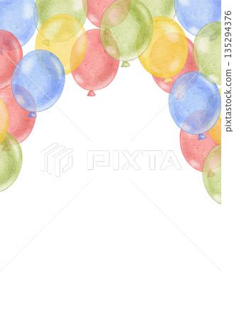 Colorful frame with watercolor balloons, confetti and copy space. Perfect for birthday greeting card decor, postcard, event invitation, childish event decor Colorful frame with watercolor balloons, confetti and copy space. Perfect for birthday greeting card decor, postcard, event invitation, childish event decor 135294376