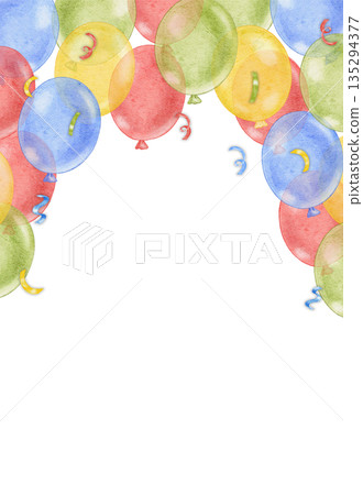Colorful frame with watercolor balloons, confetti and copy space. Perfect for birthday greeting card decor, postcard, event invitation, childish event decor Colorful frame with watercolor balloons, confetti and copy space. Perfect for birthday greeting card decor, postcard, event invitation, childish event decor 135294377