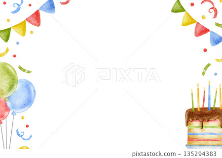 Watercolor cute hand drawn horizontal frame for Happy Birthday decor, celebrating, chocolate rainbow cake, confetti, party vibe. For invitations, greeting card, banner 135294383