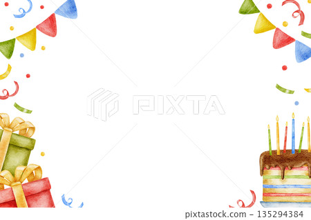 Watercolor cute hand drawn horizontal frame for Birthday decor, celebrating confetti, party vibe. For invitations, greeting card, banner with copy space template 135294384