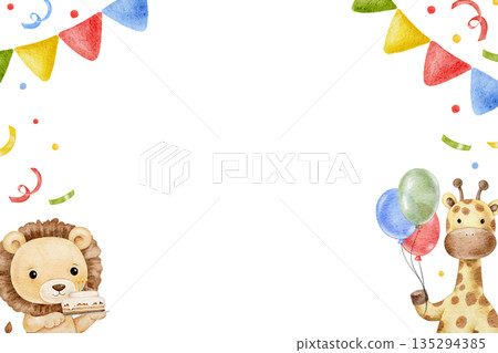 Watercolor cute hand drawn horizontal frame for Birthday decor, celebrating safari animals zebra and giraffe, confetti, party vibe. For invitations, greeting card, banner Watercolor cute hand drawn horizontal frame for Birthday decor, celebrating safari animals zebra and giraffe, confetti, party vibe. For invitations, greeting card, banner 135294385
