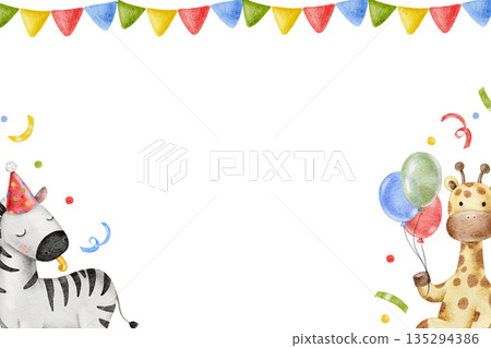Watercolor cute hand drawn horizontal frame for Birthday decor, celebrating safari animals zebra and giraffe, confetti, party vibe. For invitations, greeting card, banner happy birthday template Watercolor cute hand drawn horizontal frame for Birthday decor, celebrating safari animals zebra and giraffe, confetti, party vibe. For invitations, greeting card, banner happy birthday template 135294386