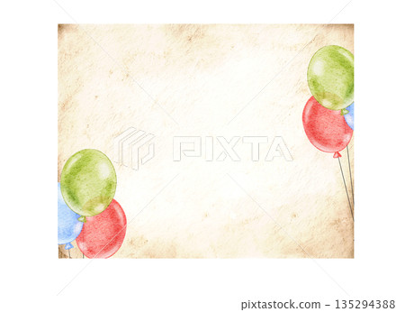 Happy Birthday template with copy space, watercolor bright colorful painting with balloons, garland on beige paper plate banner. Part of series. Happy Birthday template with copy space, watercolor bright colorful painting with balloons, garland on beige paper plate banner. Part of series. 135294388