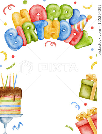 Vertical Happy Birthday watercolor frame, template for greeting card, colorful gifts, congratulation lettering, cake and confetti. Hand drawn cute border for invitation, postcard, event decor Vertical Happy Birthday watercolor frame, template for greeting card, colorful gifts, congratulation lettering, cake and confetti. Hand drawn cute border for invitation, postcard, event decor 135294392