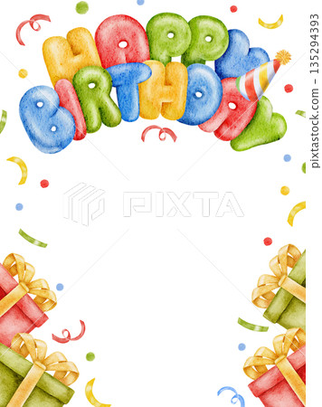 Vertical Happy Birthday watercolor frame, template for greeting card, colorful gifts, congratulation lettering and confetti. Hand drawn cute border for invitation, postcard, event decor 135294393