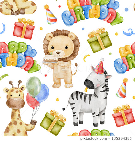 Seamless watercolor Happy Birthday pattern with gift boxes, celebrating animals, party hats, red, green and yellow balloons and confetti. For Birthday decoration, wrapping paper, fabric printing. Seamless watercolor Happy Birthday pattern with gift boxes, celebrating animals, party hats, red, green and yellow balloons and confetti. For Birthday decoration, wrapping paper, fabric printing. 135294395