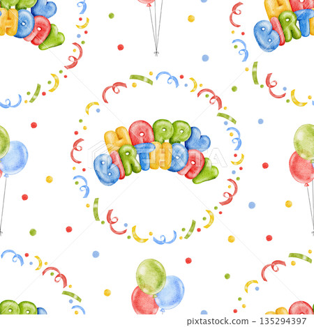 Seamless watercolor Birthday pattern with multi colored gift boxes, rainbow cake, party hats, red, green and yellow balloons and confetti. Perfect for Birthday decor, wrapping paper, fabric printing. Seamless watercolor Birthday pattern with multi colored gift boxes, rainbow cake, party hats, red, green and yellow balloons and confetti. Perfect for Birthday decor, wrapping paper, fabric printing. 135294397