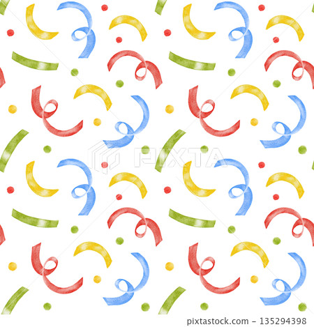 Seamless ornamental watercolor Birthday party pattern with multi colored red, green and yellow minimal dots and confetti. Perfect for Birthday decoration, wrapping paper, fabric printing. Seamless ornamental watercolor Birthday party pattern with multi colored red, green and yellow minimal dots and confetti. Perfect for Birthday decoration, wrapping paper, fabric printing. 135294398
