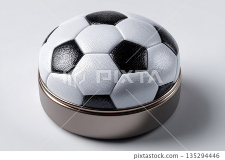 Greeting messages. Gift box shape of a soccer ball. Holiday joy and festive gifting. Greeting messages. Gift box shape of a soccer ball. Holiday joy and festive gifting. 135294446