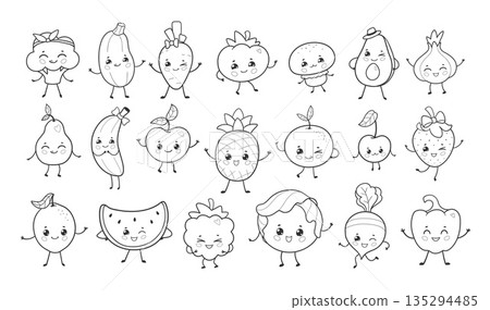 Cute fruits and veggies coloring set Cute fruits and veggies coloring set 135294485