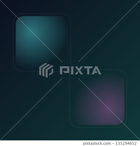 Two softly glowing translucent rounded squares in teal and purple hues appear against a dark abstract background with smooth gradient and subtle lighting. 135294652