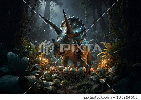 叢林裡的三角龍守護著龍蛋 135294665