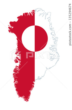 Greenland flag in country silhouette. Vertical displayed national flag of Greenland, a bicolor of white and red with counterchanged disk, set in the outlines of the largest island of the world. Vector 135294674