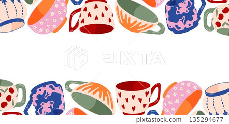 Border pattern with flat style cup. Decorative tea or coffee mug on white background for wrapping, textile, wallpaper, stationery and cozy kitchen design. Border pattern with flat style cup. Decorative tea or coffee mug on white background for wrapping, textile, wallpaper, stationery and cozy kitchen design. 135294677