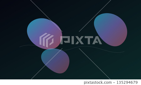 Gradient abstract design with three overlapping translucent organic shapes in blue and purple tones connected by a soft curved line across a dark background. 135294679