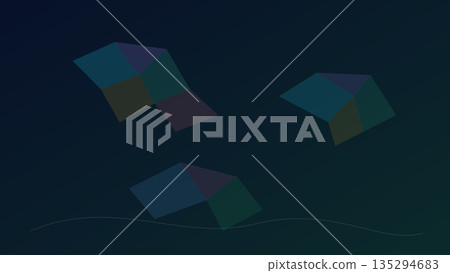 Three floating, semi-transparent 3D shapes made of folded quadrants in blue, green, purple, and brown tones on a dark abstract background. 135294683