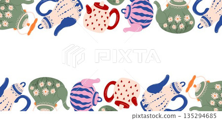 Border pattern with flat style kettle. Decorative illustration on white background for wrapping, textile, wallpaper, kitchen decor and cozy design. Border pattern with flat style kettle. Decorative illustration on white background for wrapping, textile, wallpaper, kitchen decor and cozy design. 135294685