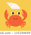 Vector illustration of a cute funny crab with a shell on the beach 135294699