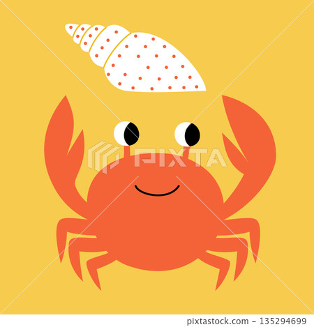Vector illustration of a cute funny crab with a shell on the beach 135294699
