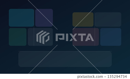 Minimal abstract dashboard layout with transparent rounded rectangles arranged in a grid across a dark gradient background, suggesting UI elements. 135294734