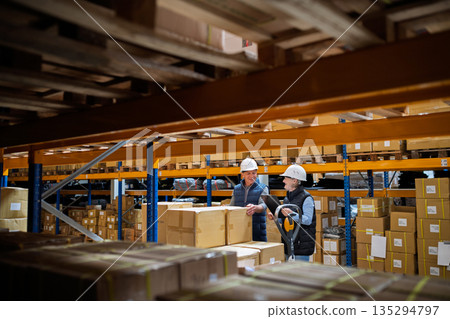 Senior woman manager and man worker working in a warehouse. Senior woman manager and man worker working in a warehouse. 135294797