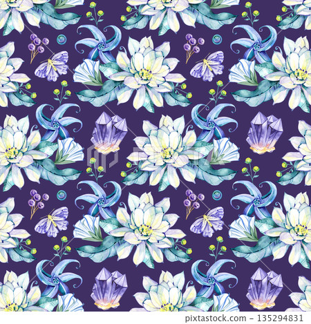 Mystical watercolor illustration with moon flowers, crystals, leaves and butterflies. Dreamy botanical pattern inspired by night garden, magic and celestial aesthetics, perfect for spiritual, fantasy Mystical watercolor illustration with moon flowers, crystals, leaves and butterflies. Dreamy botanical pattern inspired by night garden, magic and celestial aesthetics, perfect for spiritual, fantasy 135294831