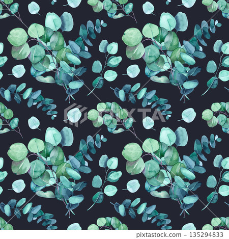 Fresh watercolor illustration with eucalyptus branches and round leaves. Modern botanical pattern with calm natural palette, perfect for minimal, organic and eco friendly design concepts. Fresh watercolor illustration with eucalyptus branches and round leaves. Modern botanical pattern with calm natural palette, perfect for minimal, organic and eco friendly design concepts. 135294833
